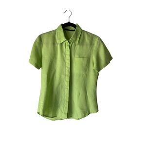 CARLIES COURT Vintage Womens Lime Green Short Sleeve Button Up Linen Shirt S